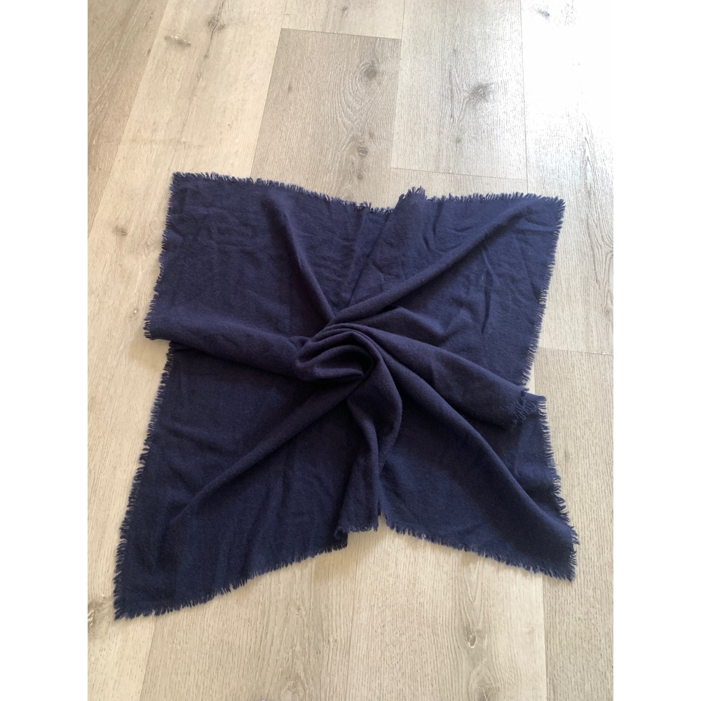 Everlane Navy Blue 100% Cashmere Square Scarf Frayed Edge Minimalist Wrap Shawl